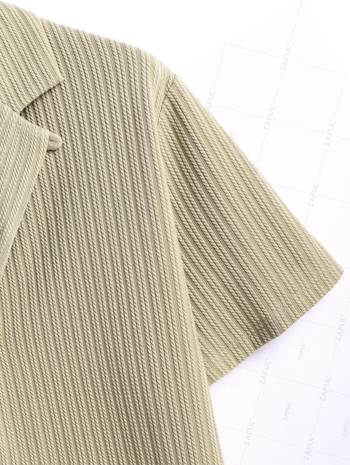 Men's Solid Color Jacquard Textured Button Up Short Sleeves Shirt And Drawstring Shorts Set