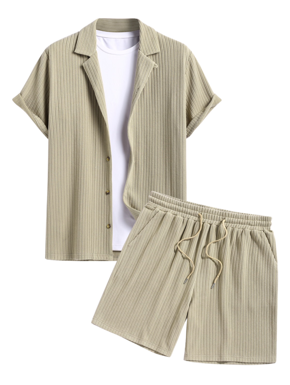 Men's Solid Color Jacquard Textured Button Up Short Sleeves Shirt And Drawstring Shorts Set