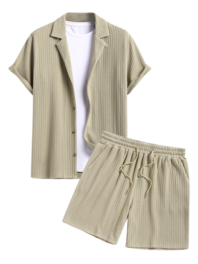 Men's Solid Color Jacquard Textured Button Up Short Sleeves Shirt And Drawstring Shorts Set
