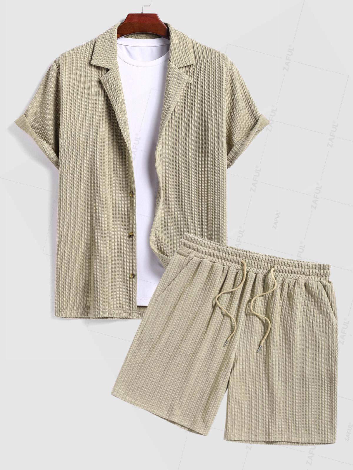 Men's Solid Color Jacquard Textured Button Up Short Sleeves Shirt And Drawstring Shorts Set