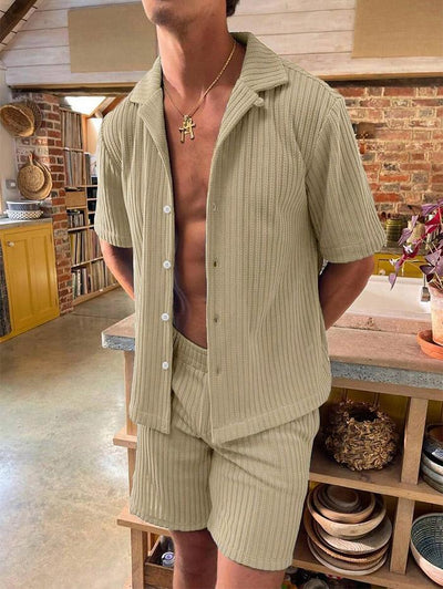 Men's Solid Color Jacquard Textured Button Up Short Sleeves Shirt And Drawstring Shorts Set