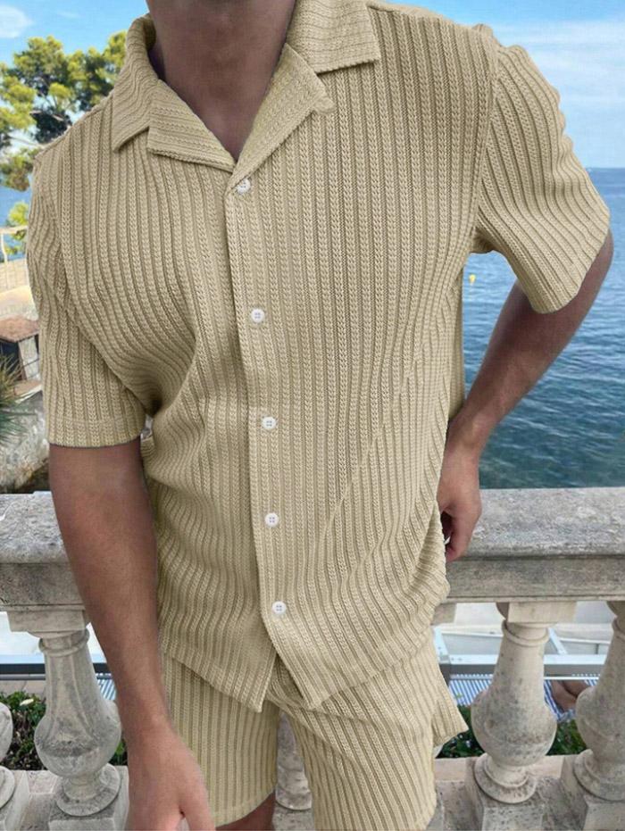 Men's Solid Color Jacquard Textured Button Up Short Sleeves Shirt And Drawstring Shorts Set