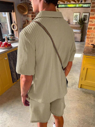 Men's Solid Color Jacquard Textured Button Up Short Sleeves Shirt And Drawstring Shorts Set