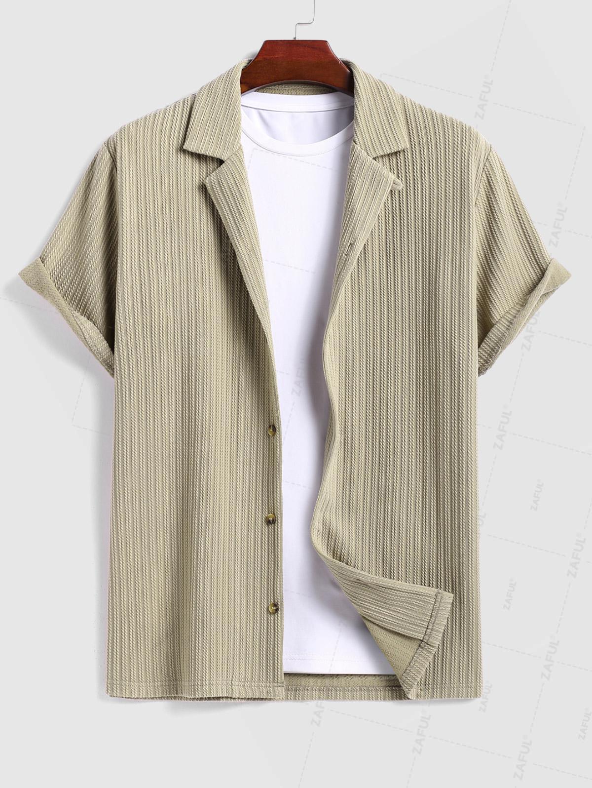 Men's Solid Color Jacquard Textured Button Up Short Sleeves Shirt And Drawstring Shorts Set
