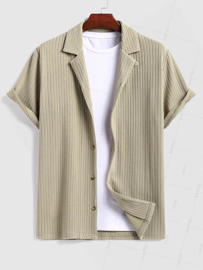 Men's Solid Color Jacquard Textured Button Up Short Sleeves Shirt And Drawstring Shorts Set