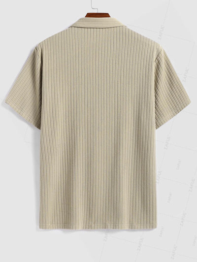 Men's Solid Color Jacquard Textured Button Up Short Sleeves Shirt And Drawstring Shorts Set