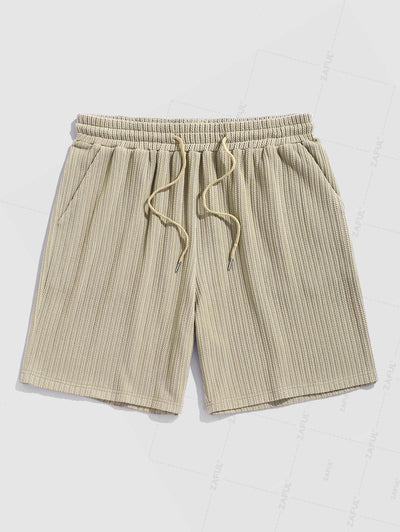 Men's Solid Color Jacquard Textured Button Up Short Sleeves Shirt And Drawstring Shorts Set