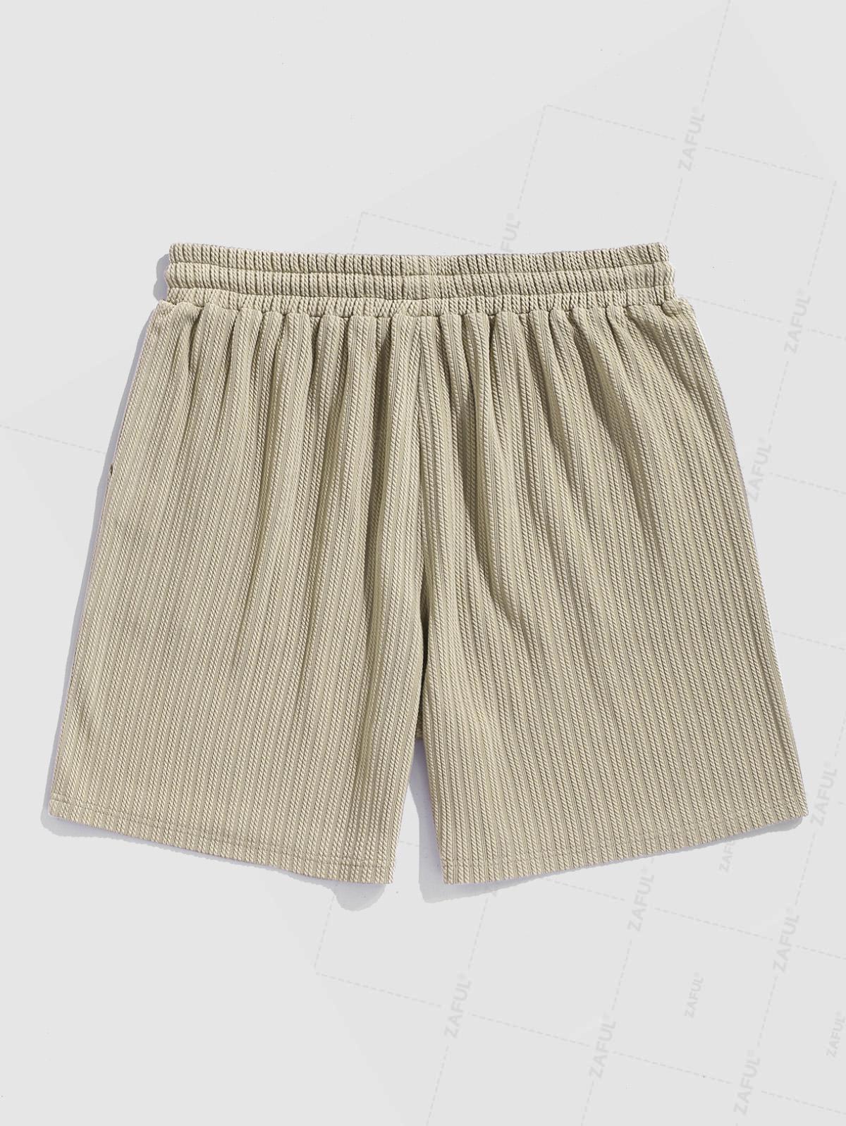 Men's Solid Color Jacquard Textured Button Up Short Sleeves Shirt And Drawstring Shorts Set