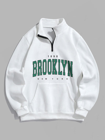 Letter BROOKLYN Graphic Quarter Zip Thermal Fleece Lined Sweatshirt