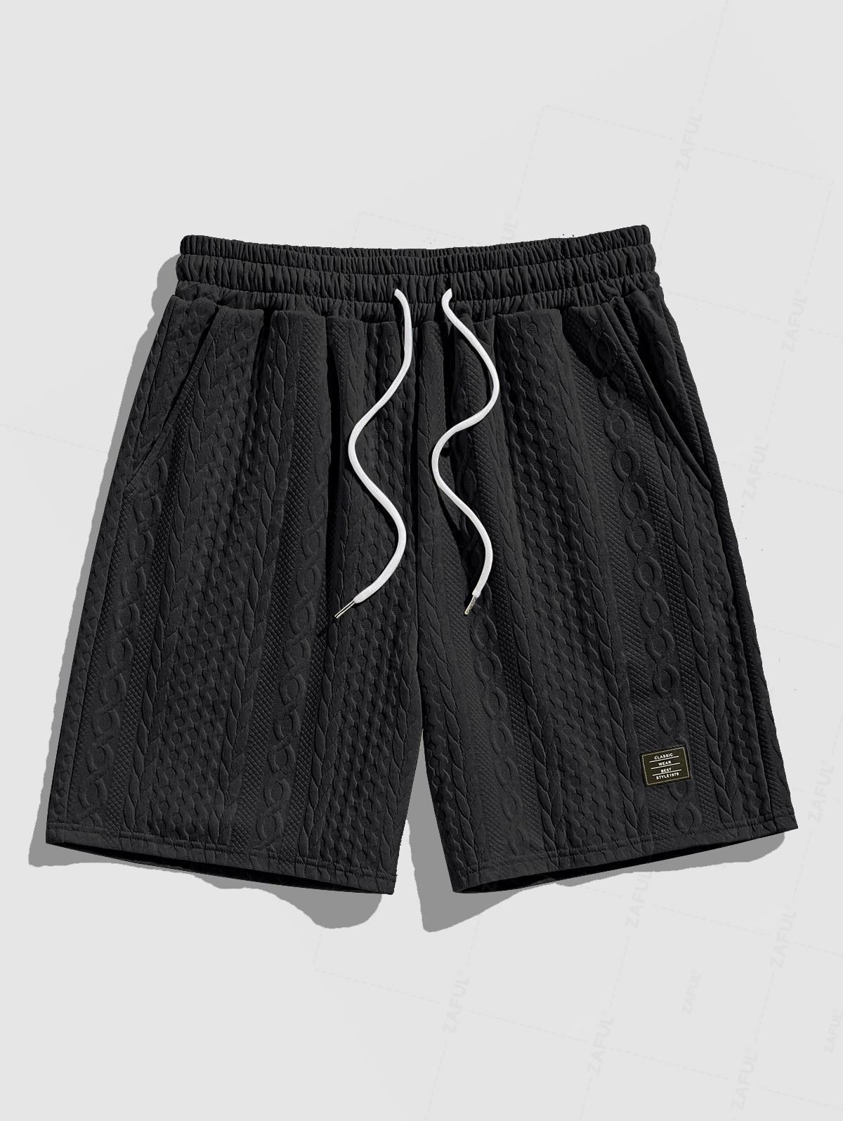 Men's Solid Color Button Up Front Pocket Cable Jacquard Textured Short Sleeves Shirt and Slant Pockets Drawstring Casual Shorts Sets