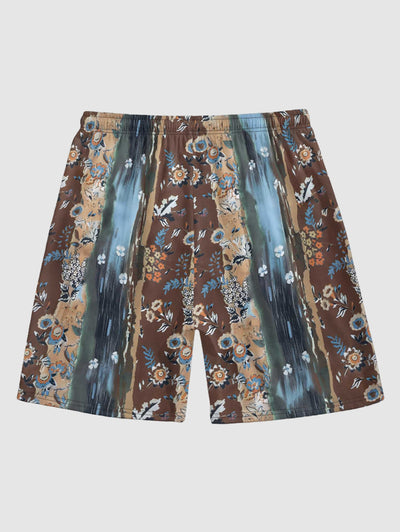 Men's Colorblock Brush Painting Tiny Floral Pattern Button Up Short Sleeves Shirt And Drawstring Shorts Set