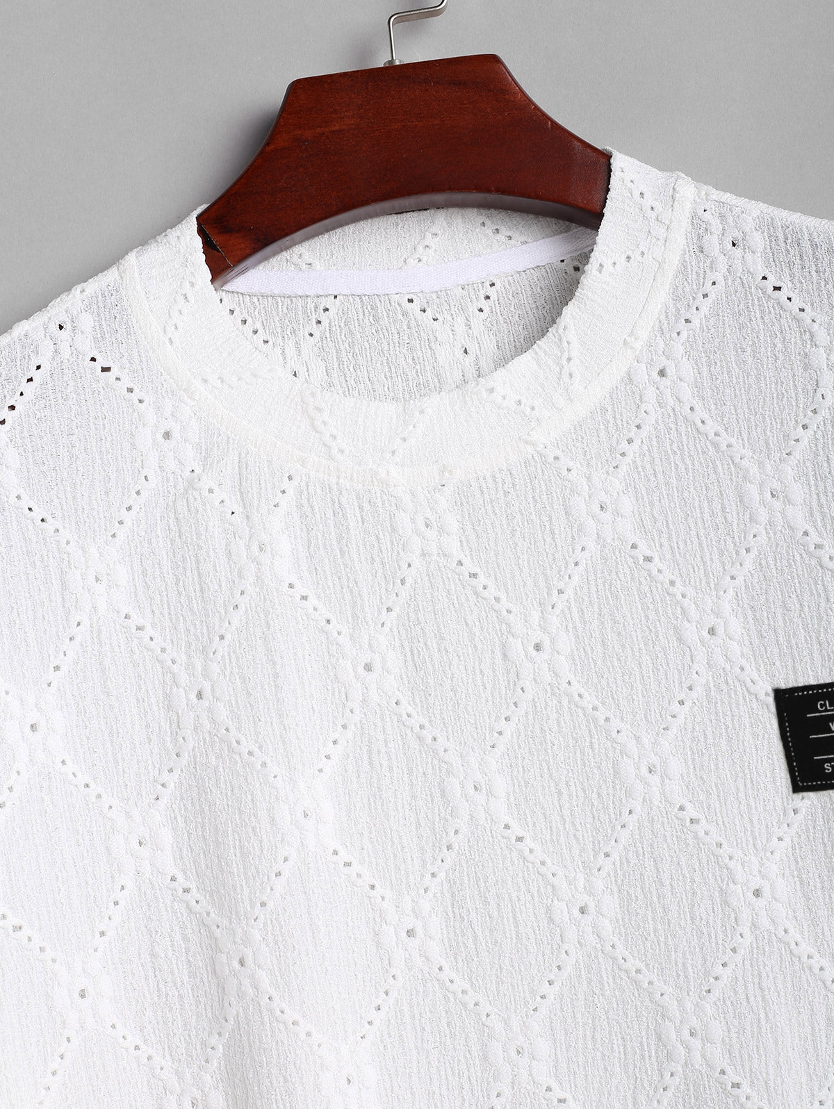 Men's Lace Openwork Argyle Jacquard Textured Patch Design Crew Neck Short Sleeves T-shirt And Drawstring Casual Shorts Set
