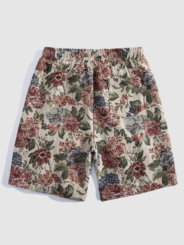 Men's Cotton And Linen Textured Floral Pattern Camp Collar Button Up Short Sleeves Shirt And Drawstring Casual Shorts Set
