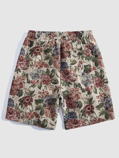 Men's Cotton And Linen Textured Floral Pattern Camp Collar Button Up Short Sleeves Shirt And Drawstring Casual Shorts Set