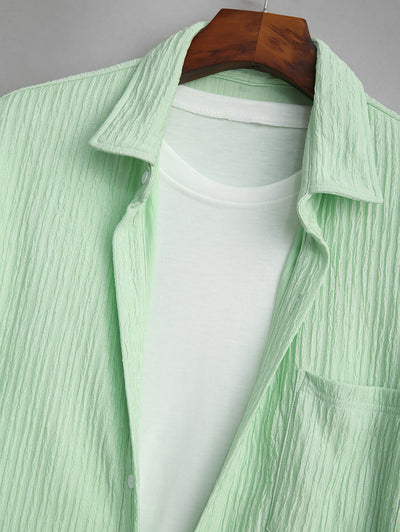 Men's Casual Wrinkle Textured Pocket Design Button Up Short Sleeves Shirt And Cotton and Linen Straight Leg Pants Set