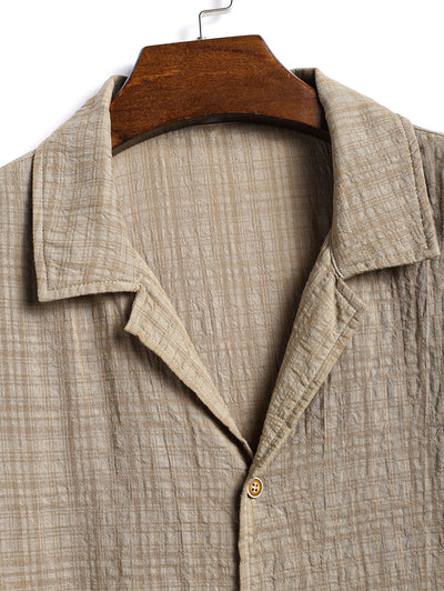 Men's Cotton And Linen Textured Grid Camp Collar Button Up Short Sleeves Shirt And Drawstring Casual Shorts Set