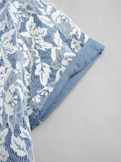 Men's Casual Lace Floral Pocket Design Button Up Short Sleeves Shirt