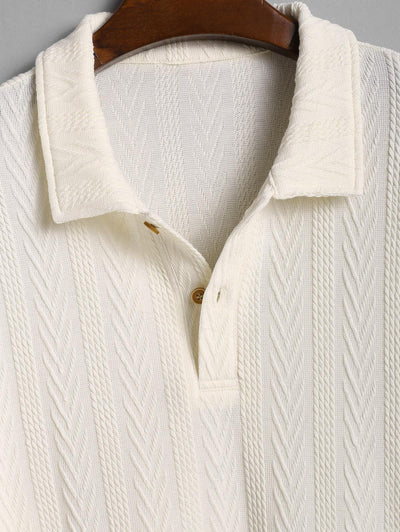 Men's Casual Geometric Textured Half Buttoned Long Sleeve Polo Collar Pullover Sweatshirt Set