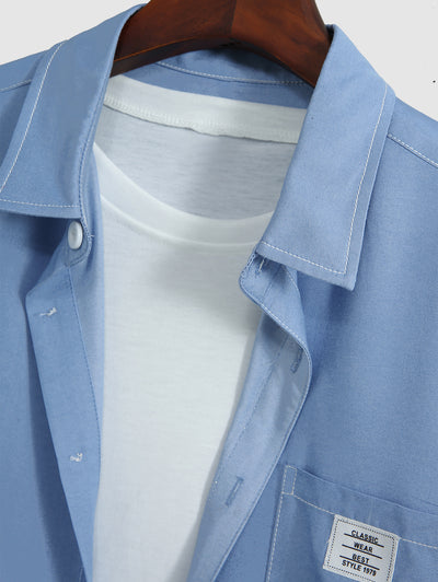 Men's Casual Letter Patch Design Pocket Button Up Short Sleeves Shirt And Drawstring Shorts Set