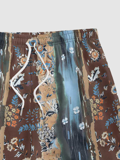 Men's Colorblock Brush Painting Tiny Floral Pattern Button Up Short Sleeves Shirt And Drawstring Shorts Set