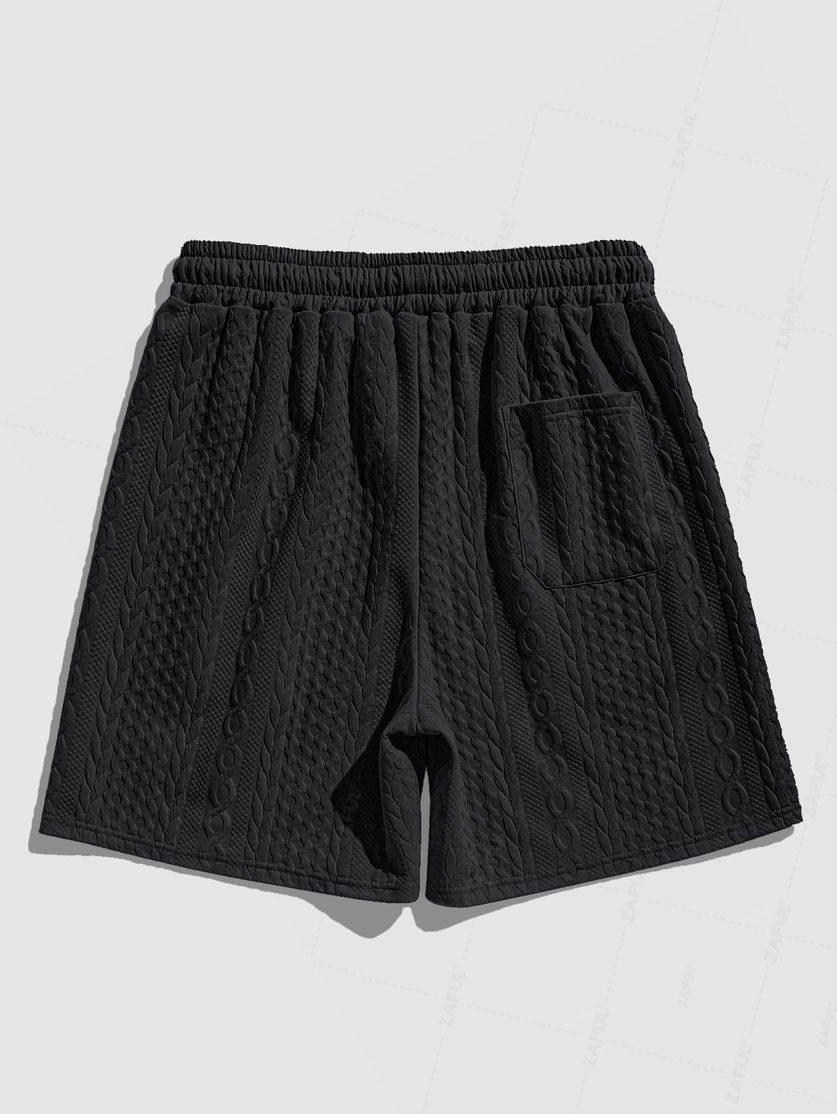 Men's Solid Color Button Up Front Pocket Cable Jacquard Textured Short Sleeves Shirt and Slant Pockets Drawstring Casual Shorts Sets