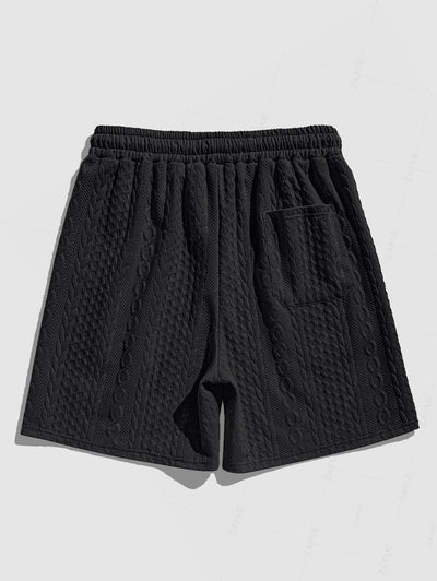 Men's Solid Color Button Up Front Pocket Cable Jacquard Textured Short Sleeves Shirt and Slant Pockets Drawstring Casual Shorts Sets