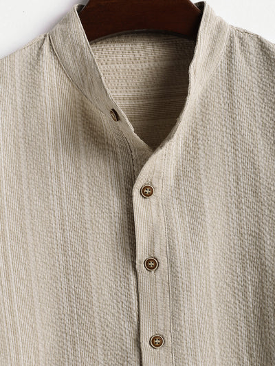 Cotton And Linen Striped Textured Half Button Design Stand Collar Pullover Long Sleeves Shirt Set