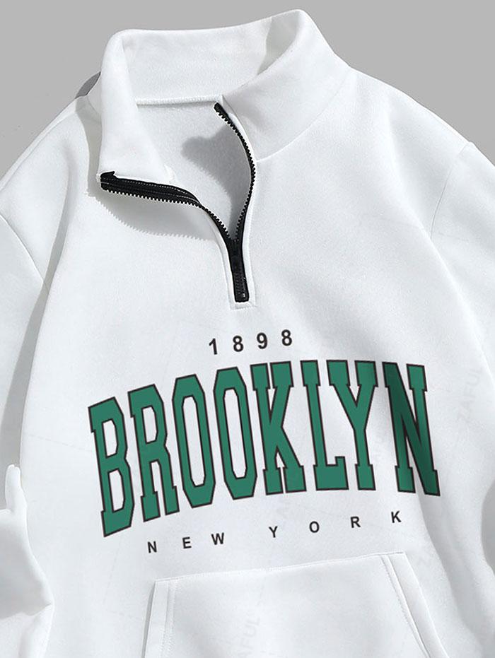 Letter BROOKLYN Graphic Quarter Zip Thermal Fleece Lined Sweatshirt