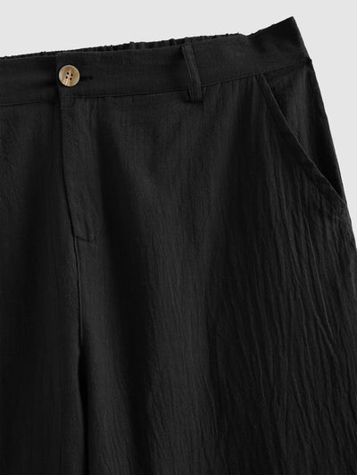 Men's Colorblock Stripes Button Up Short Sleeves Shirt And Solid Color Cotton and Linen Straight Leg Pants Sets