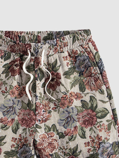 Men's Cotton And Linen Textured Floral Pattern Camp Collar Button Up Short Sleeves Shirt And Drawstring Casual Shorts Set