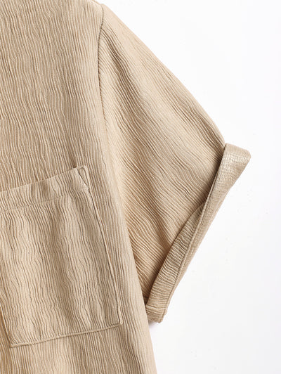 Men's Casual Bark Wrinkle Textured Front Pocket Button Up Short Sleeves Shirt And Drawstring Shorts Set