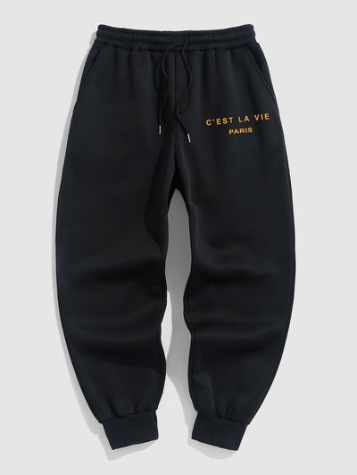 C' EST LA VIE Letter Embroidered Polar Fleece Sweatshirt And Sports Jogger Pants Set