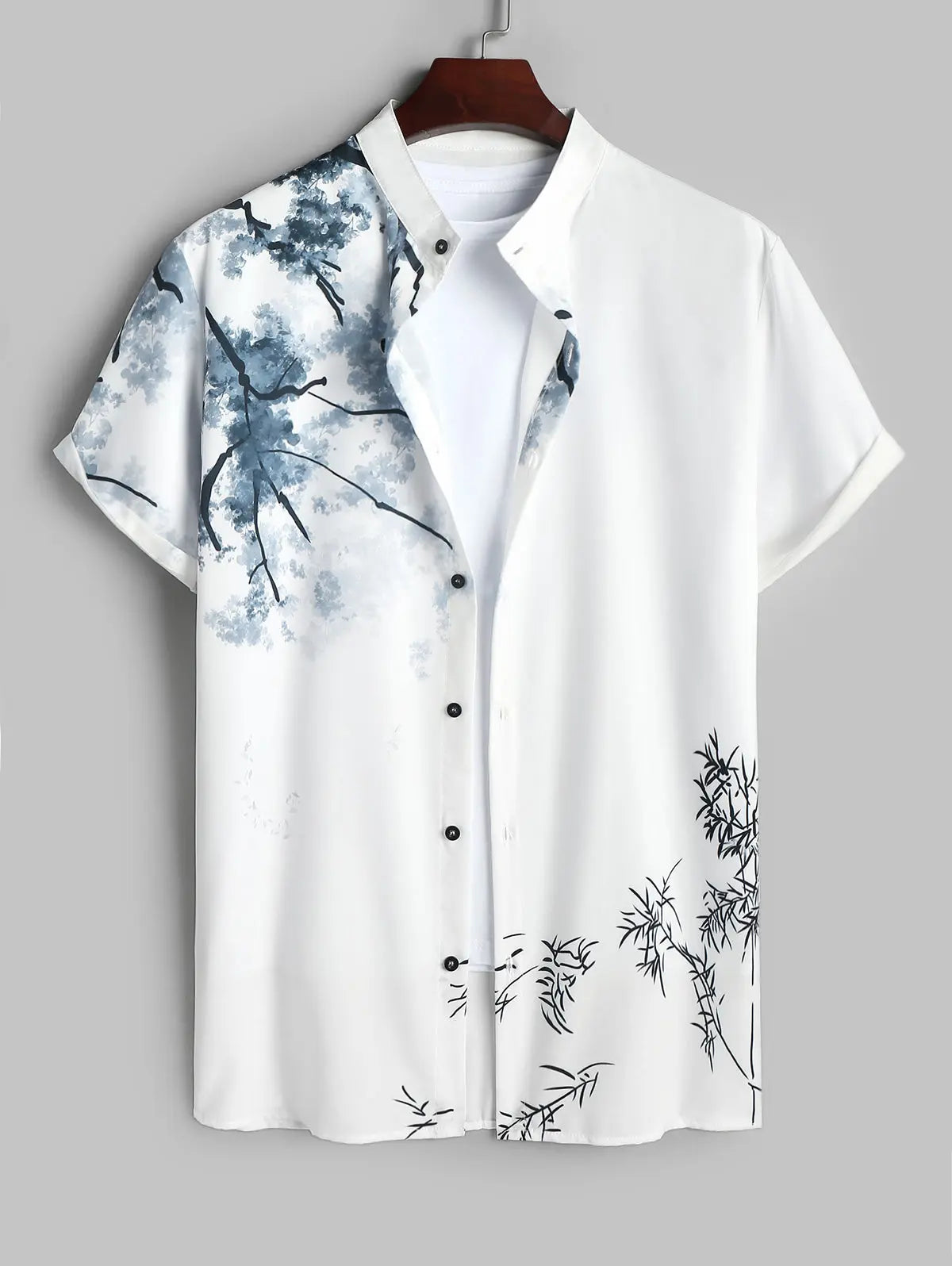 Men's Ink Wash Painting Plant Print Shirt Kosyway