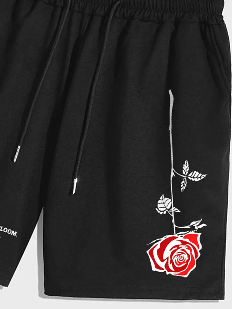 Men's Rose Printed Drawstring Casual Shorts Kosyway