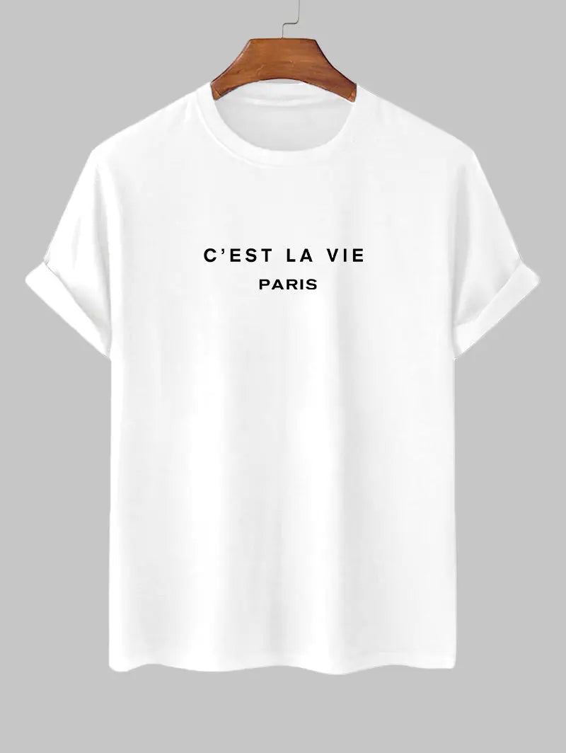 Mens C'EST LA VIE Letter Printed Casual T-shirt Kosyway