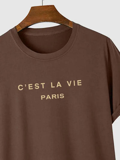 Mens C'EST LA VIE Letter Printed Casual T-shirt Kosyway