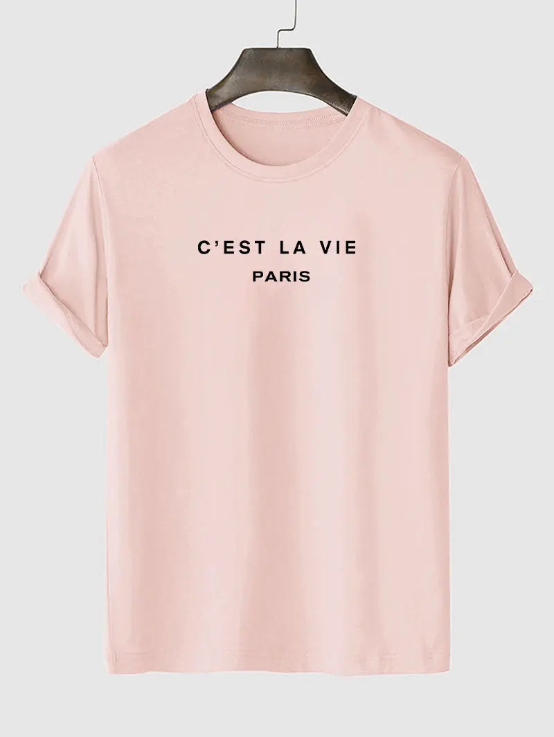 Mens C'EST LA VIE Letter Printed Casual T-shirt Kosyway