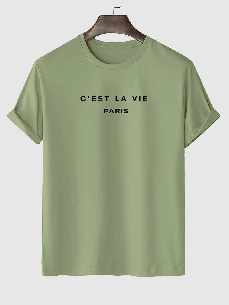 Mens C'EST LA VIE Letter Printed Casual T-shirt Kosyway