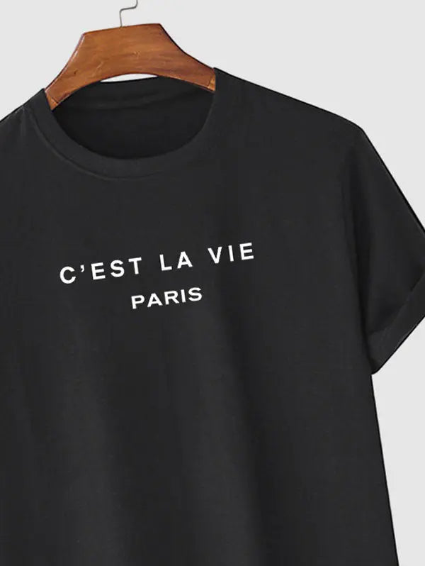 Mens C'EST LA VIE Letter Printed Casual T-shirt Kosyway