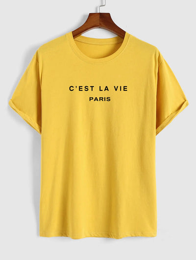 Mens C'EST LA VIE Letter Printed Casual T-shirt Kosyway