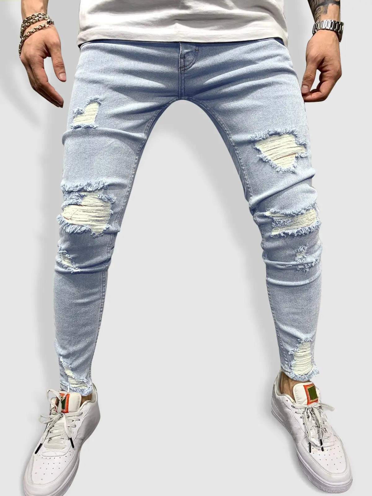 Mens Casual Ripped Frayed Tapered Jeans Kosyway