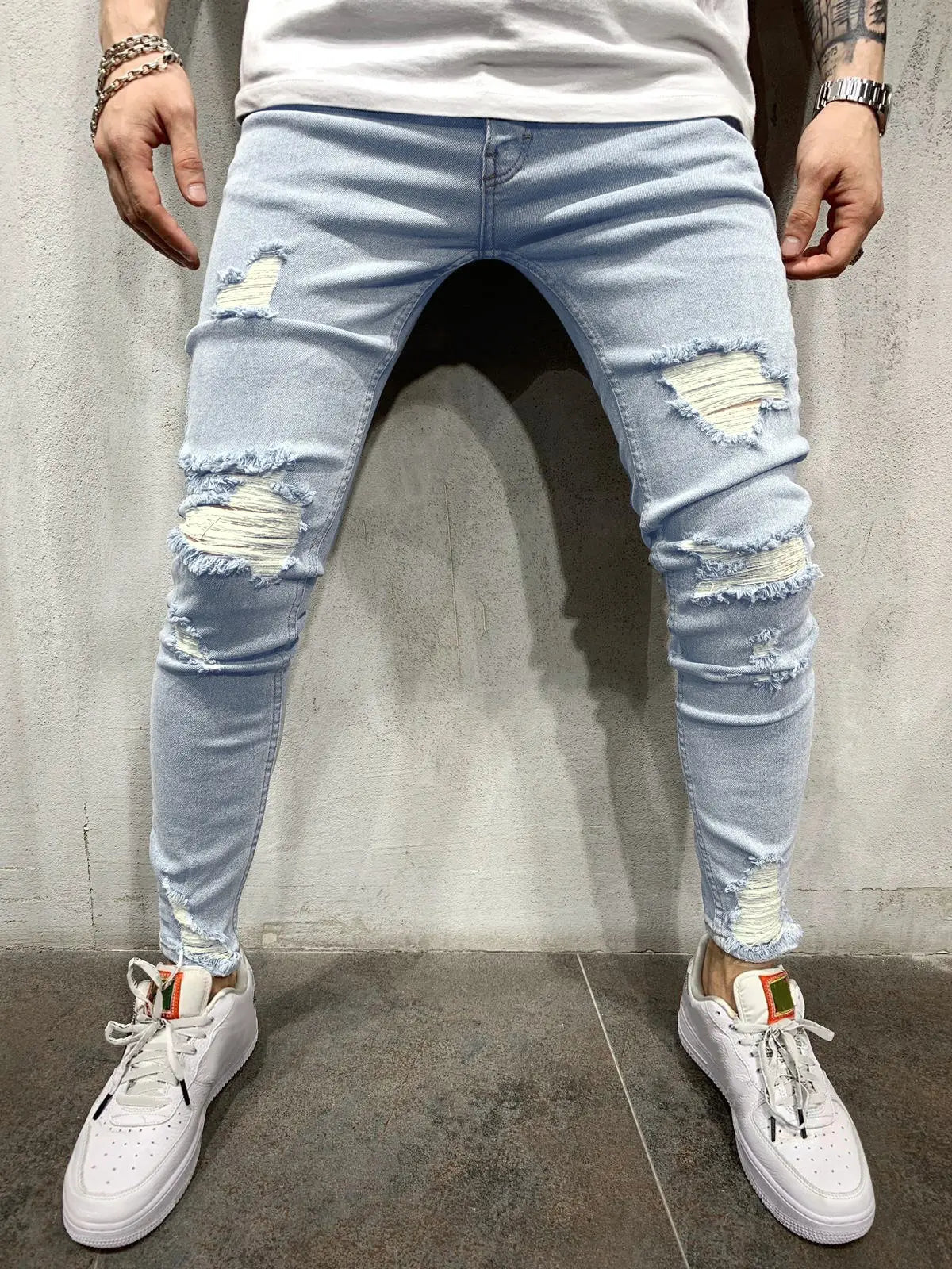 Mens Casual Ripped Frayed Tapered Jeans Kosyway