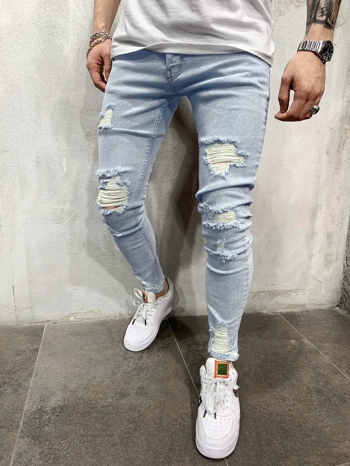 Mens Casual Ripped Frayed Tapered Jeans Kosyway