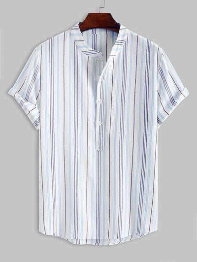 Mens Cotton Linen Textured Striped Weave Casual Shirt Kosyway