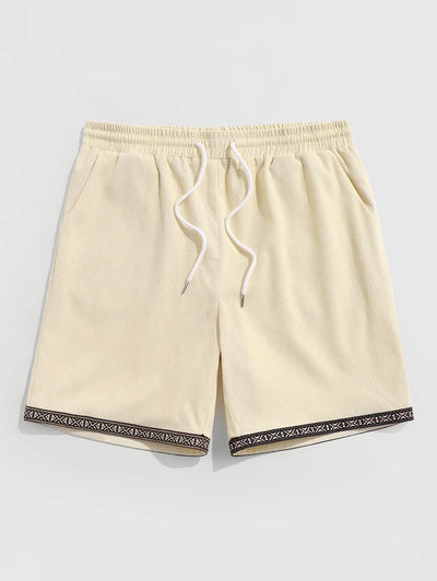 Mens Ethnic Print Trim Drawstring Corduroy Shorts Kosyway