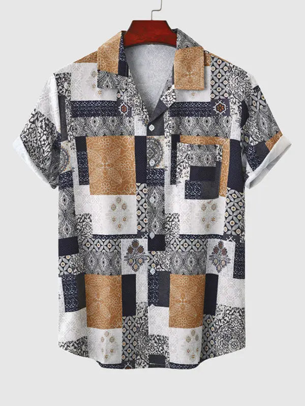 Mens Ethnic Style Patternblock Print Vacation Shirt Kosyway