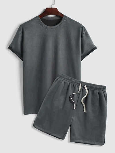 Mens Faux Suede T-shirt and Shorts Set Kosyway