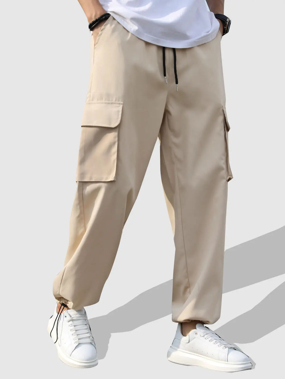 Mens Flap Pockets Drawstring Ankle Cargo Pants Kosyway