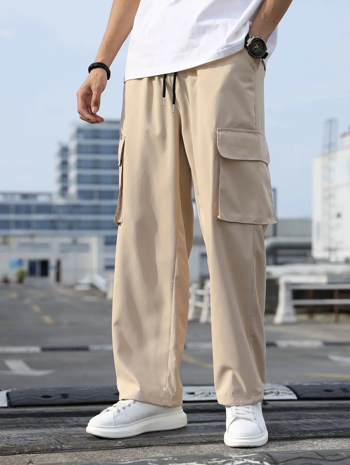 Mens Flap Pockets Drawstring Ankle Cargo Pants Kosyway