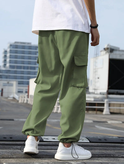 Mens Flap Pockets Drawstring Ankle Cargo Pants Kosyway